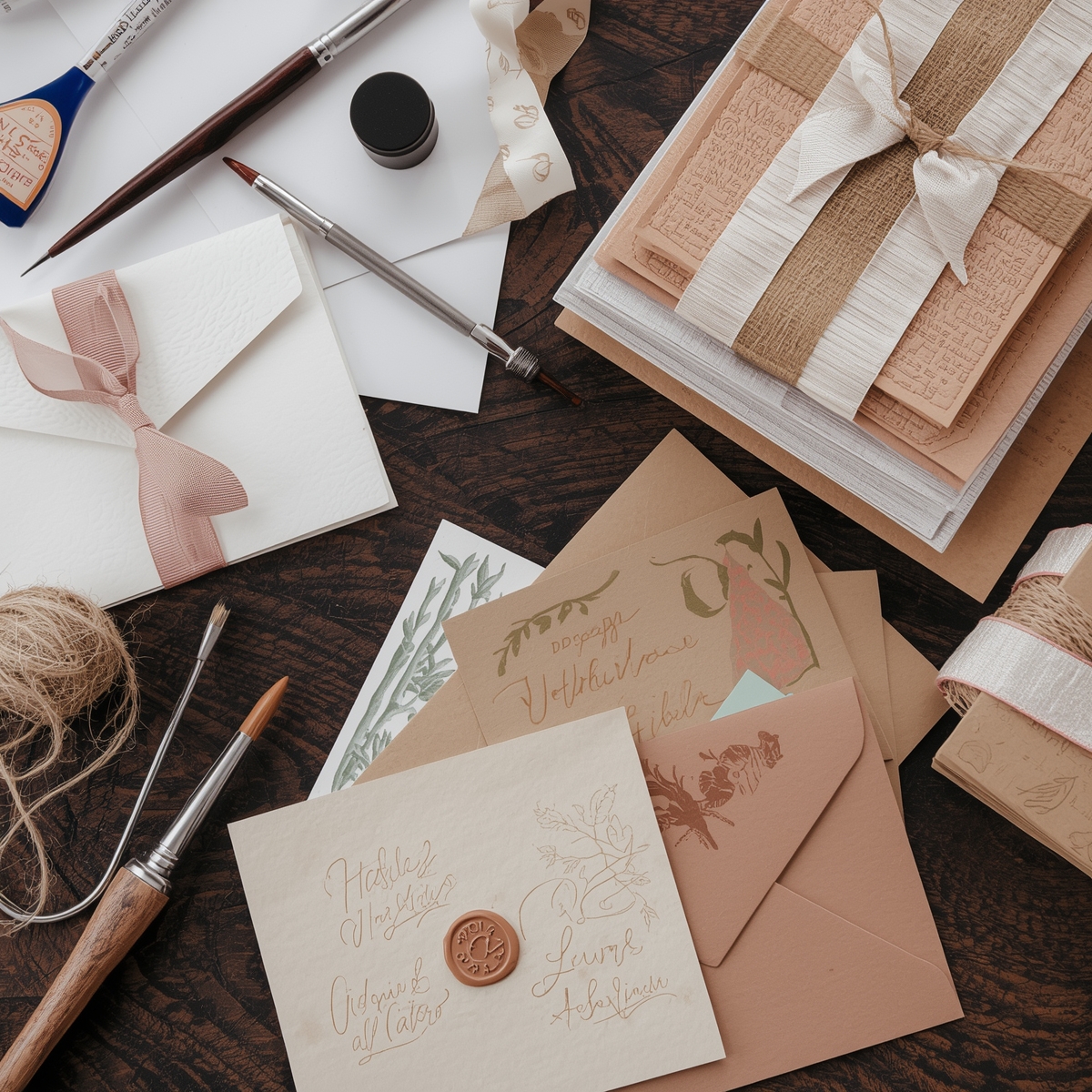 Assorted ribbons in natural colors including jute, cotton, and silk ribbons for card embellishments